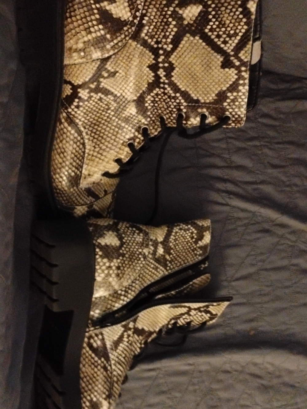 Womens Snake-Print Combat Boots - Beige/Black Chelsea And Violet Brand